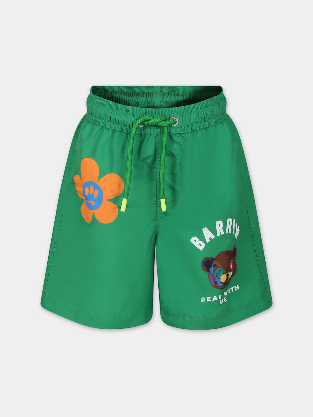 Green swim shorts for boy with smiley and logo